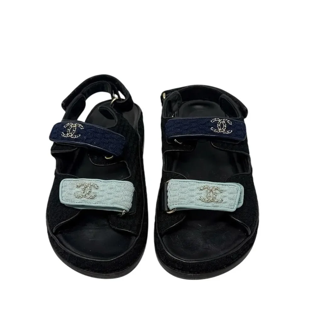 Chanel Dad Sandals CC Chain Logo Blue Two Tone Knit Flat Slingback Size 37